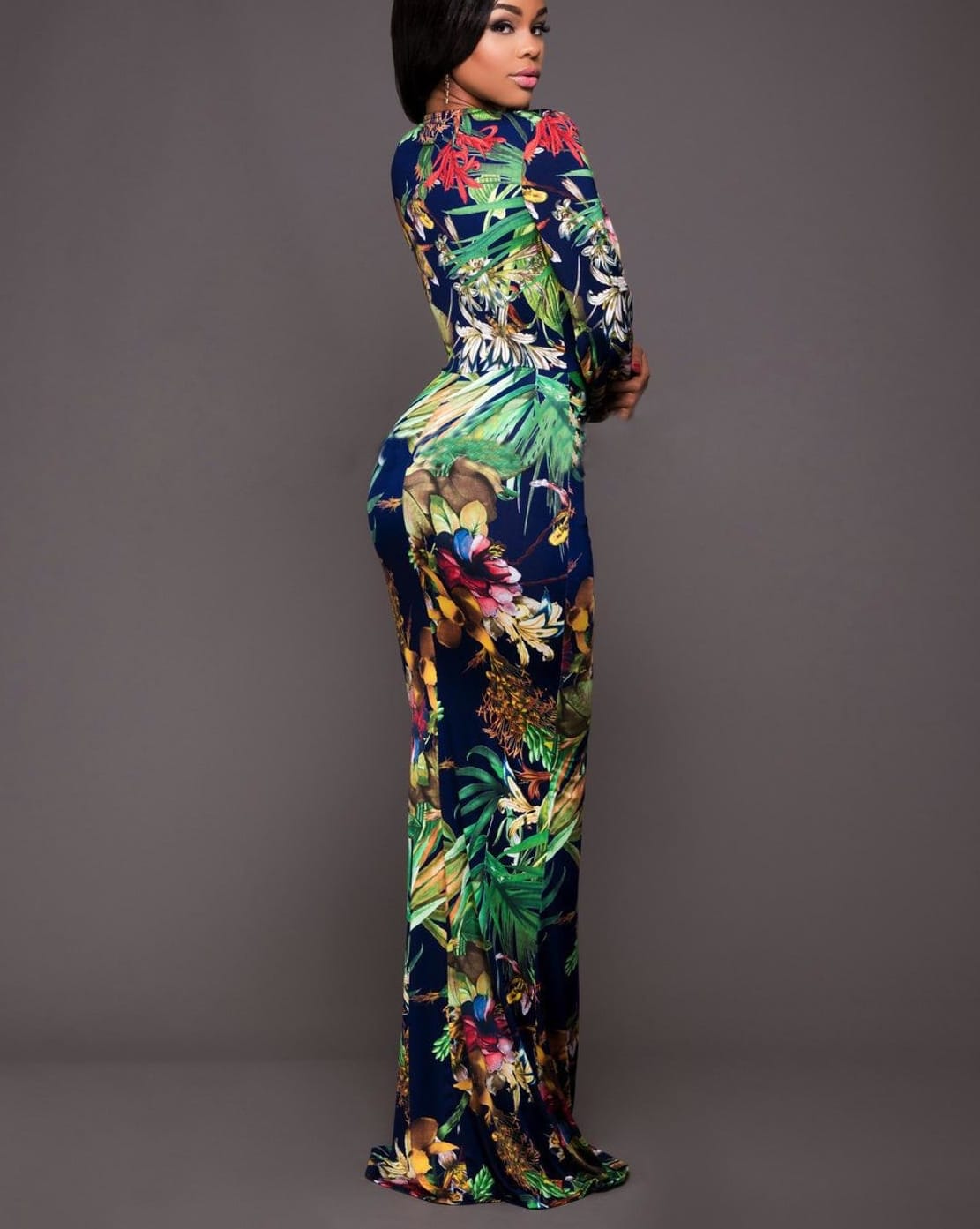 Robe Fleurie Longue, Décolleté en V – Image 3
