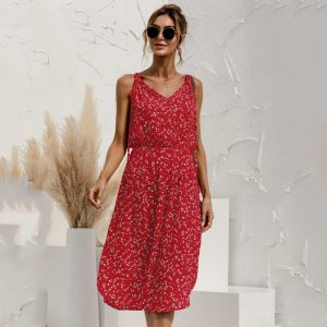 Robe D&rsquo;été Rouge à Fines Bretelles Style Boho pour Femmes