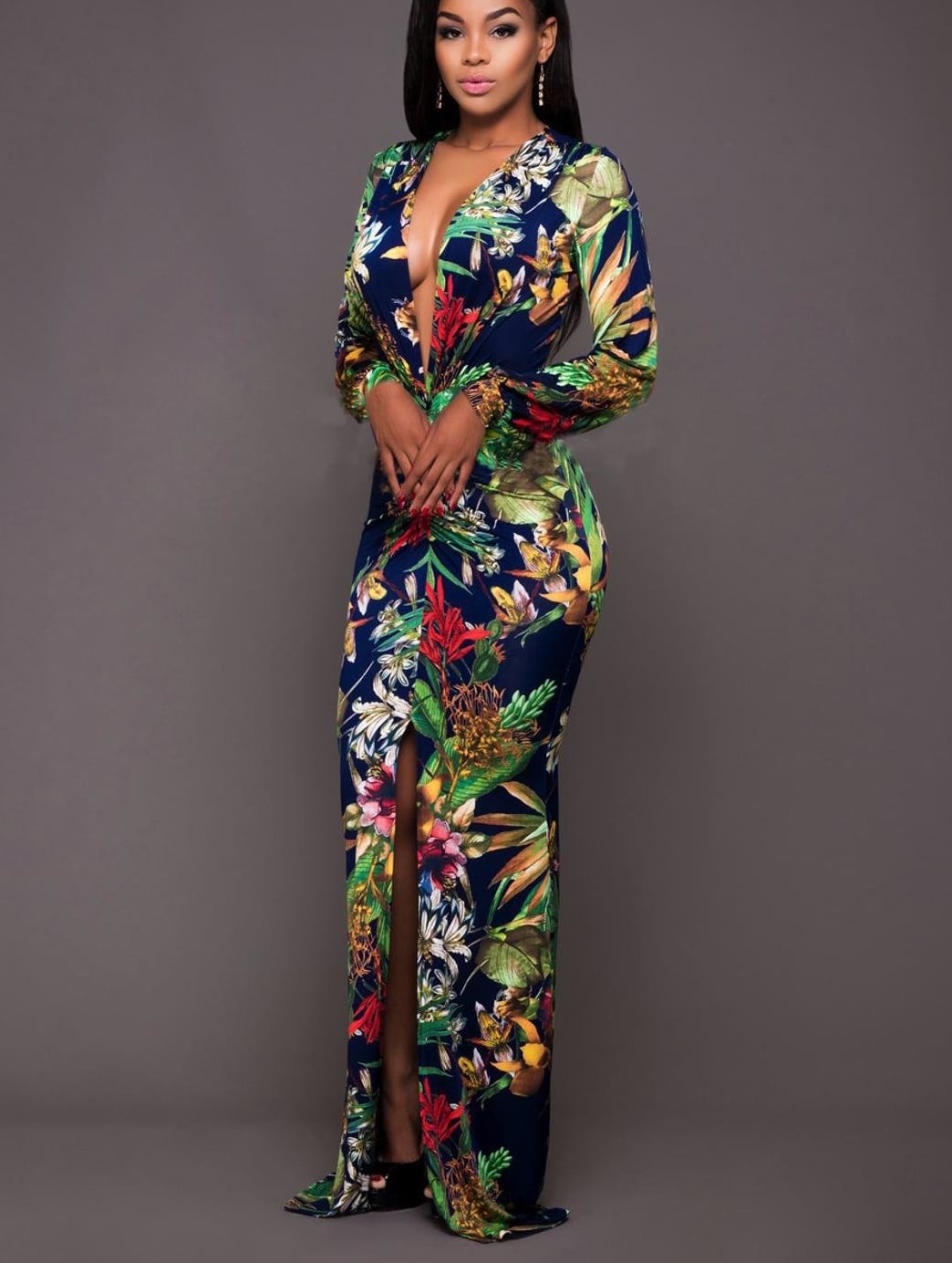 Robe Fleurie Longue, Décolleté en V