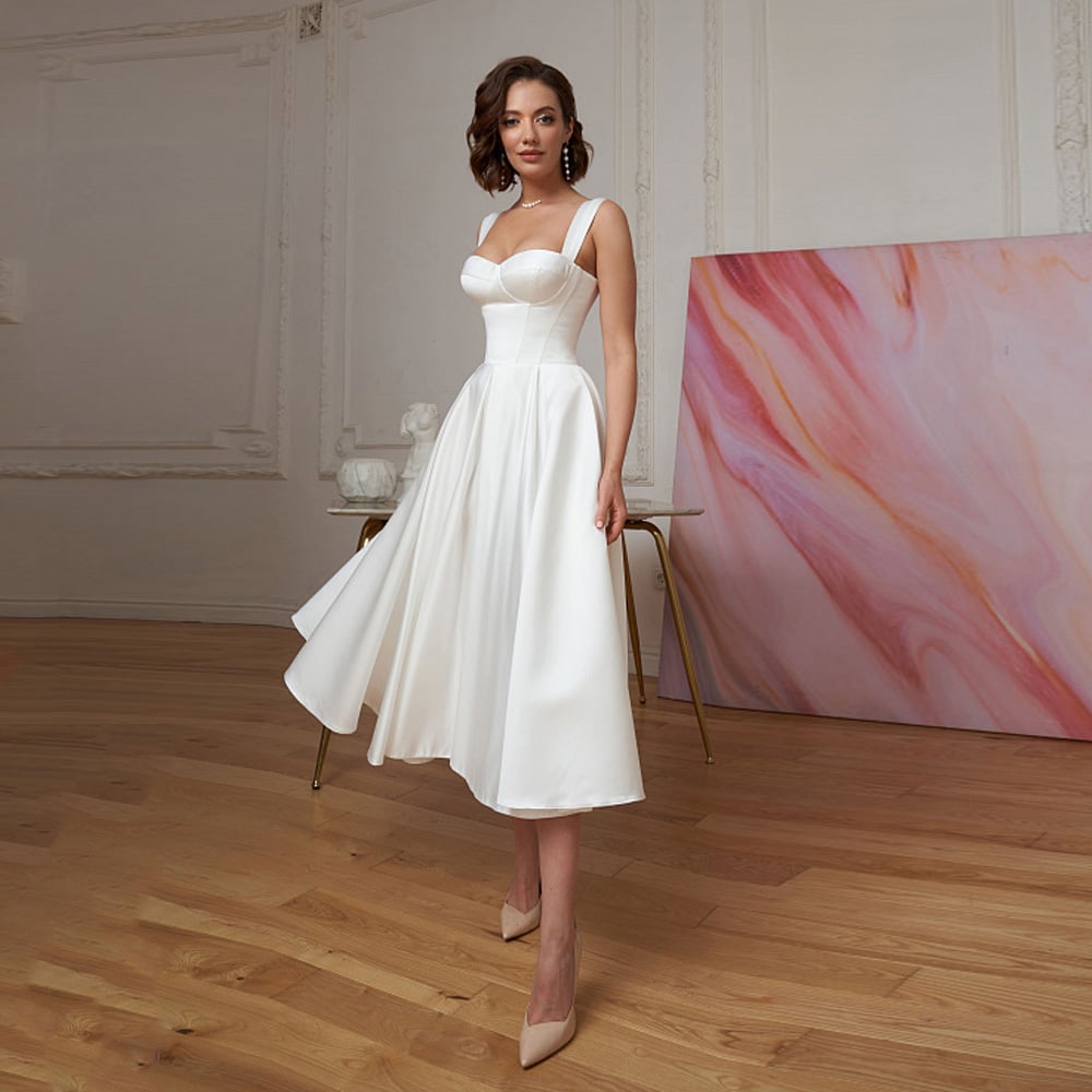 Robe de Mariée Courte en Satin Au Style Rétro