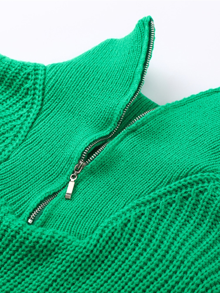 Robe Pull Verte Côtelée à Col Zippé