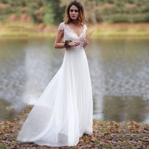Robe de Mariée Bohème en Mousseline de Soie et Dentelle