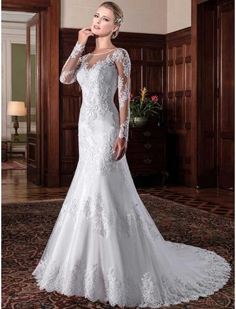 Robe de Mariée Sirène en Dentelles et Manches Longues