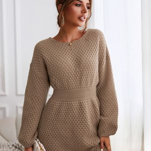 Robe Pull Beige en Tricot Nid D&rsquo;abeille