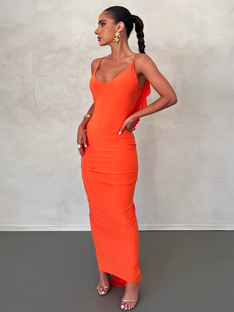 Robe Dos Nu Froncée à Volant et Bretelles Fines Orange