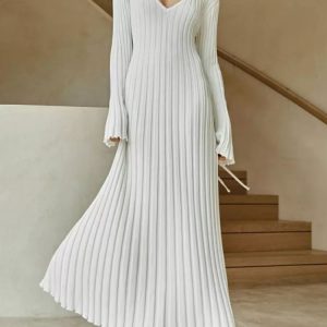Robe Plissée Blanche en Pull Tricotée à Manches Longues
