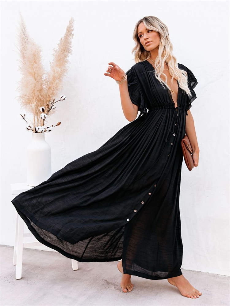 Robe Bohème Longue de Plage Noire en Taille Haute