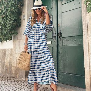 Robe Bohème Manches Bouffantes Bleue à Motif