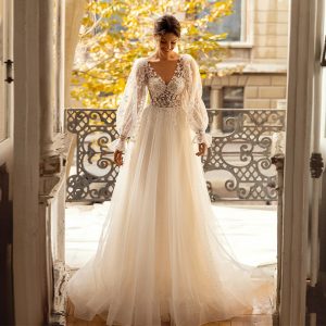 Robe de Mariée Champêtre Romantique en Dentelle à Fleurs à Manches Longues