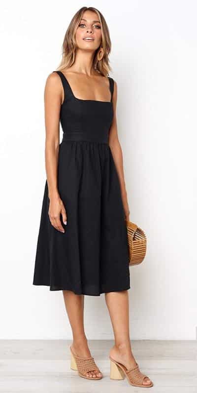 Robe Trapèze Longue Décontractée Noire Unie