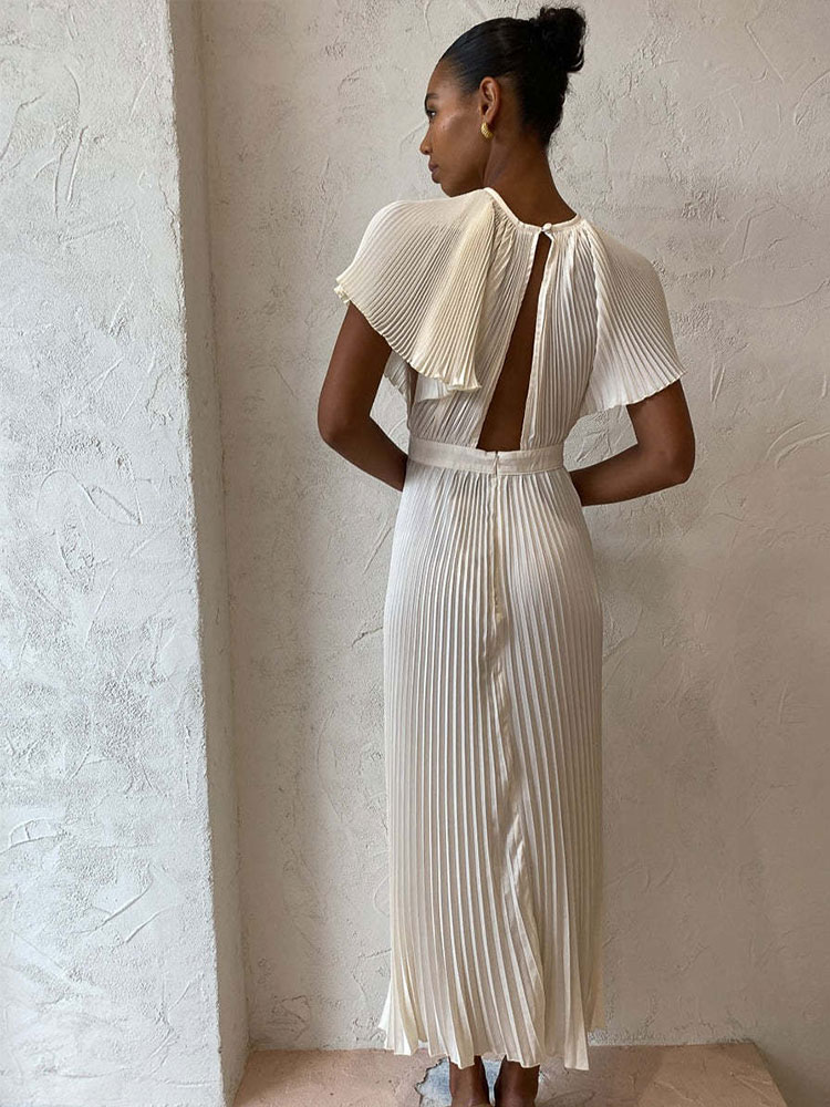 Robe Plissée Ajourée Blanche pour Femmes avec Manches Évasées