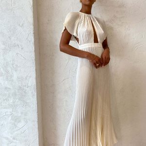 Robe Plissée Ajourée Blanche pour Femmes avec Manches Évasées