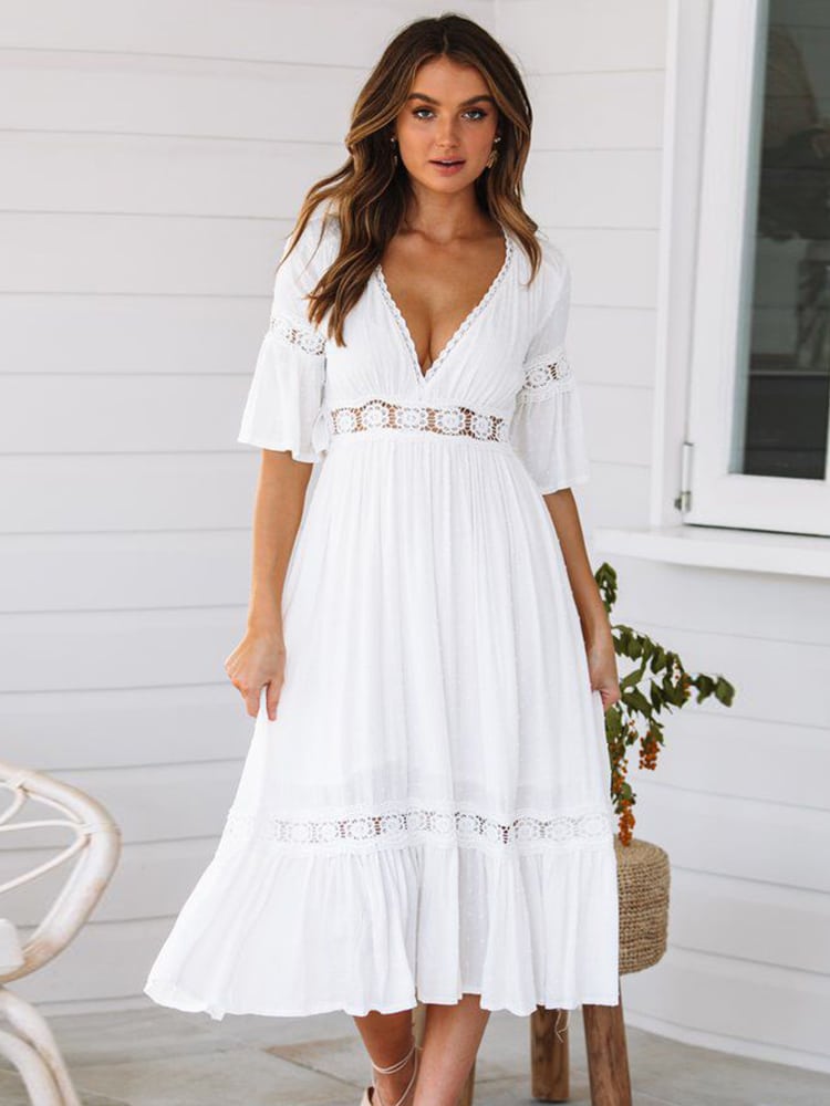 Robe Blanche Manche Courte D&rsquo;été pour Femmes