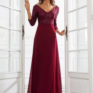 Robe Habillée de Soirée Longue Bordeaux de Forme Trapèze