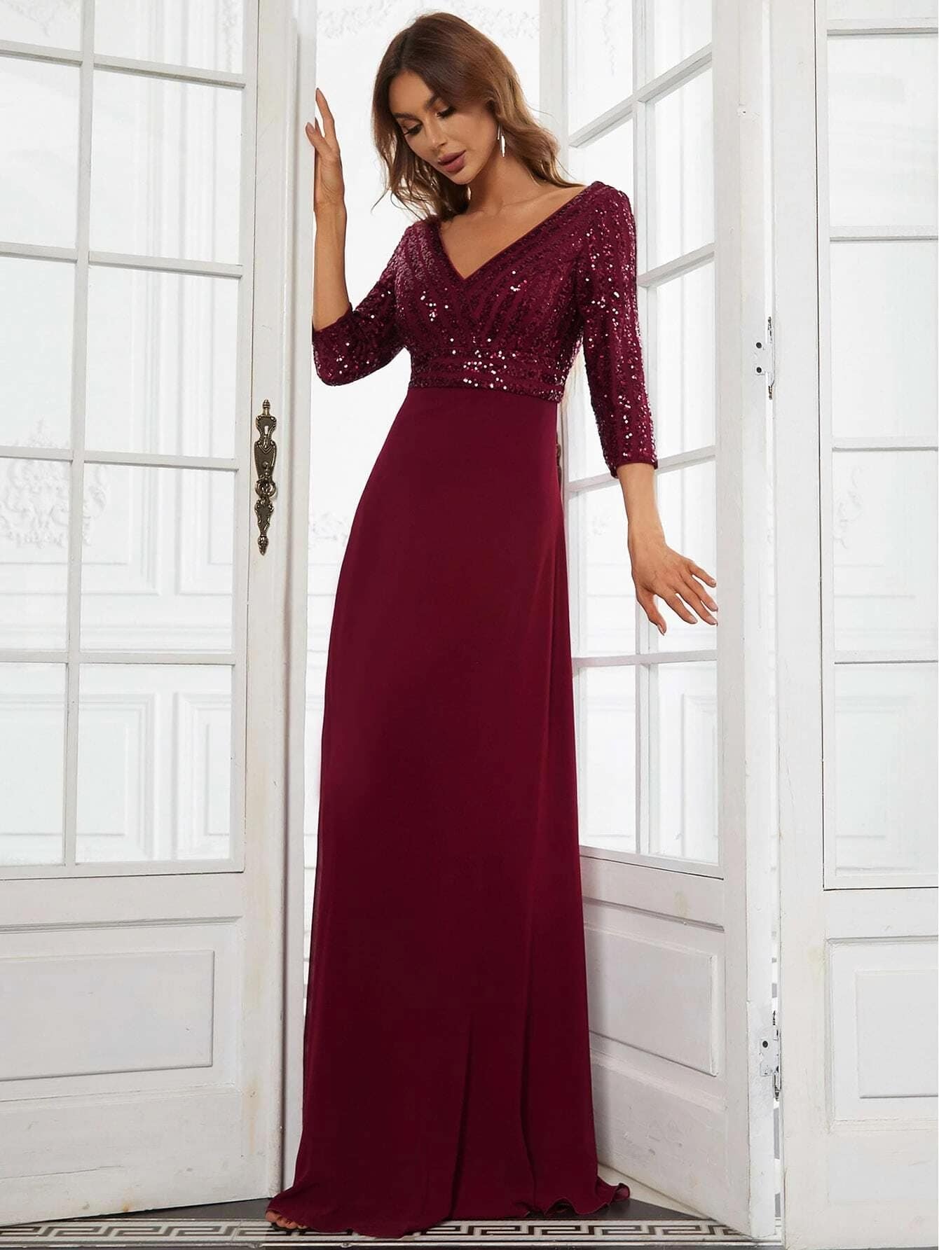 Robe Habillée de Soirée Longue Bordeaux de Forme Trapèze