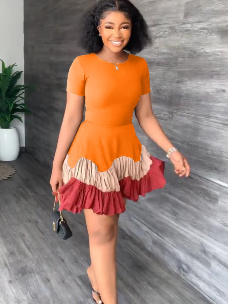 Robe Patineuse Orange à Volants Bicolores