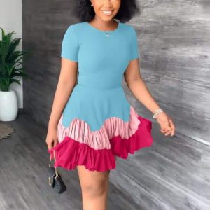 Robe Patineuse Bleue à Volants Bicolores