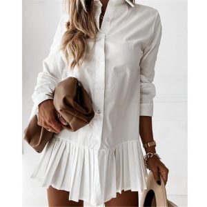 Robe Chemise Plissée à Manches Longues