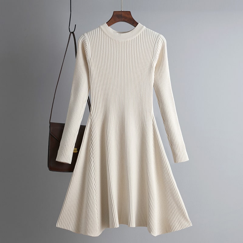 Robe Patineuse Côtelée Beige à Manches Longues – Image 4
