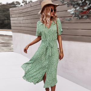 Robe Fluide Mi-longue Verte Boutonnée à Motif Fleuri
