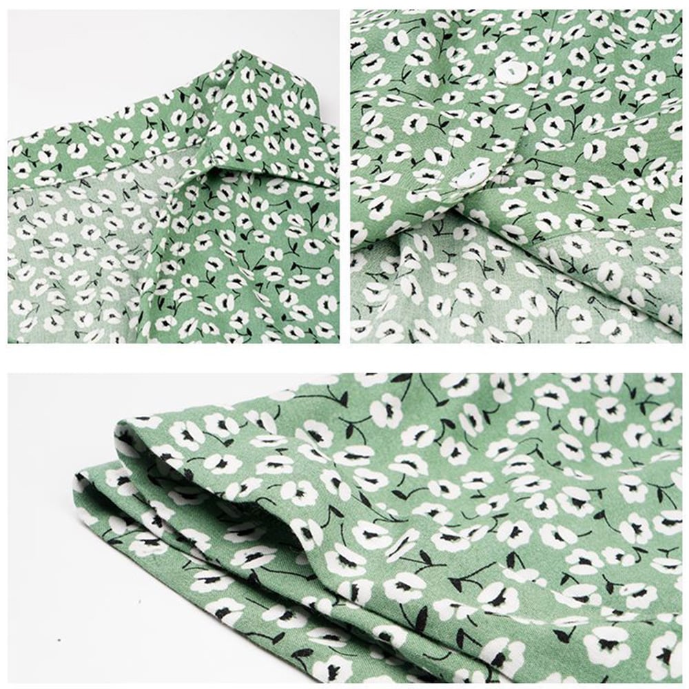 Robe Fluide Mi-longue Verte Boutonnée à Motif Fleuri