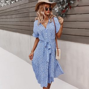 Robe Fluide Mi-longue Bleue Boutonnée à Motif Fleuri Bleu