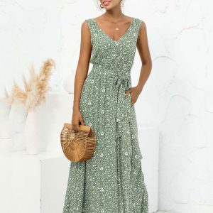 Robe Fluide Longue Verte à Fleurs Nouée à la Taille