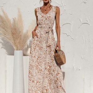 Robe Fluide Longue Beige à Fleurs Nouée à la Taille