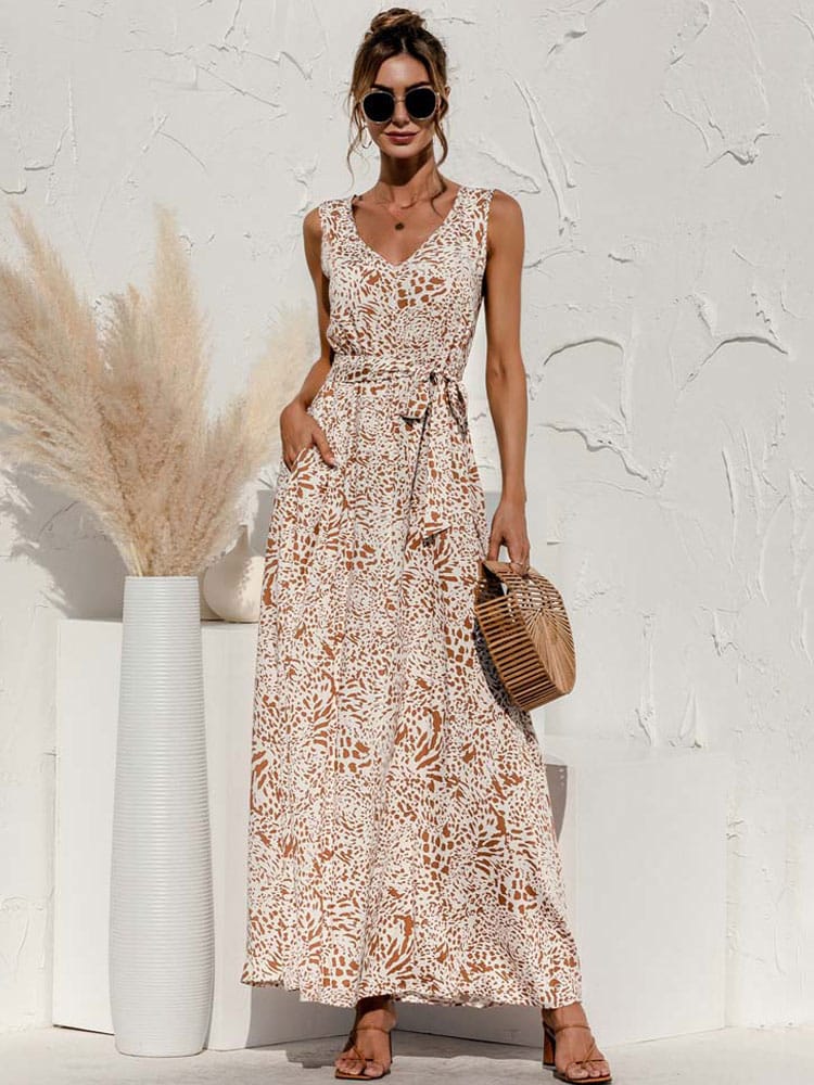 Robe Fluide Longue Beige à Fleurs Nouée à la Taille