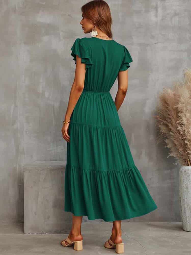 Robe Longue D&rsquo;été Verte à Volants pour Femmes