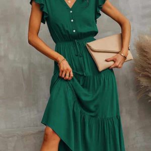 Robe Longue D&rsquo;été Verte à Volants pour Femmes