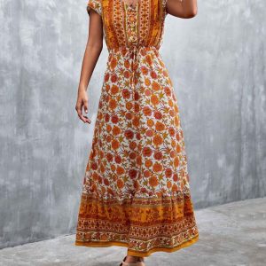 Robe Jaune Longue et Légère à Fleurs Style Boho pour Femmes