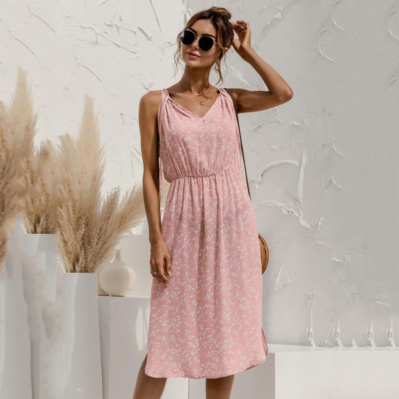 Robe D&rsquo;été Rose à Fines Bretelles Style Boho pour Femmes