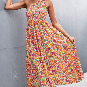 Robe Orange Longue à Fleurs Style Boho Sans Manche pour Femmes