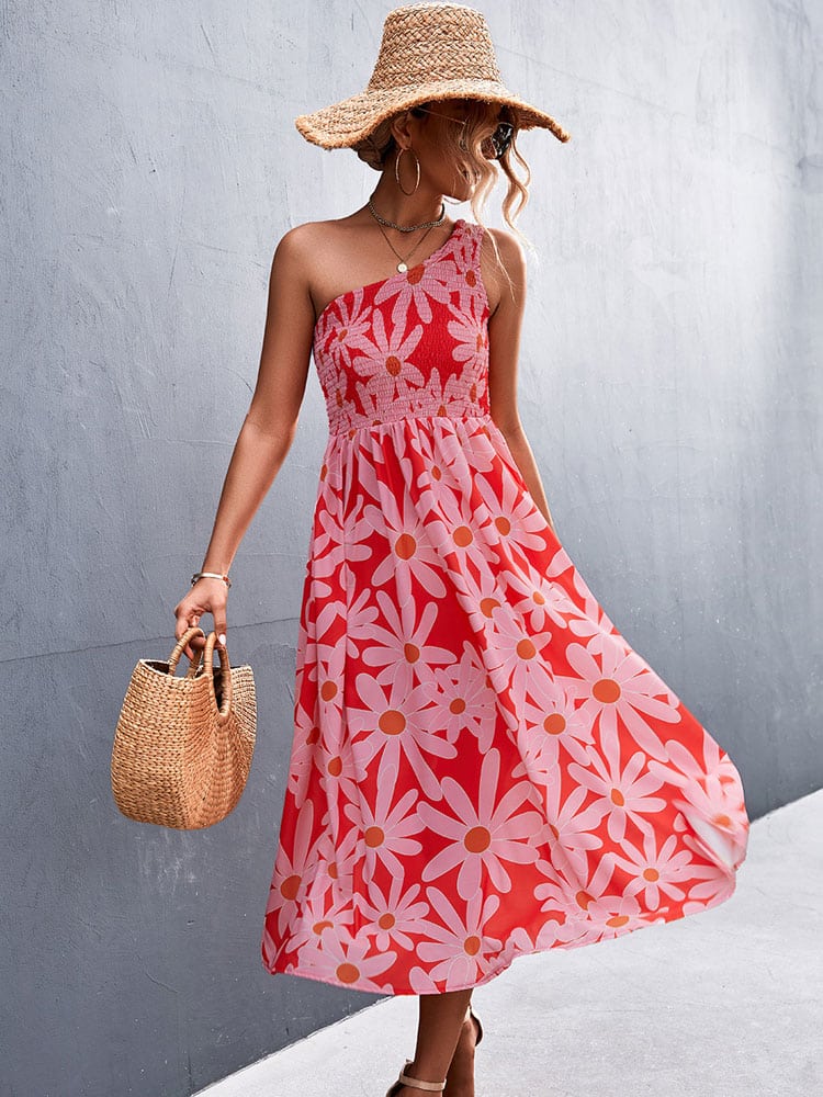 Robe Rouge Longue à Grosses Fleurs Style Boho Asymétrique pour Femmes