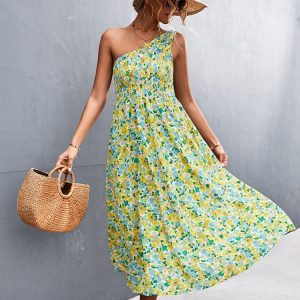Robe Jaune et Verte Longue à Fleurs Style Boho Asymétrique pour Femmes