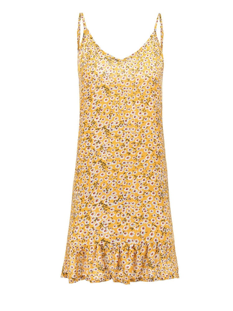 Robe Jaune D&rsquo;été à Fleurs Style Bohème à Fines Bretelles pour Femmes