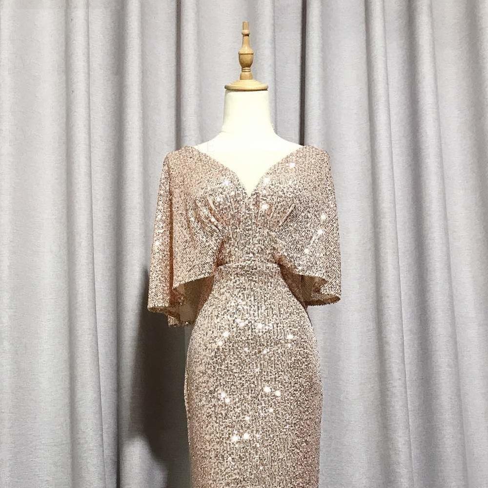 Robe de Sirène de Soirée Dorée à Manches Courtes