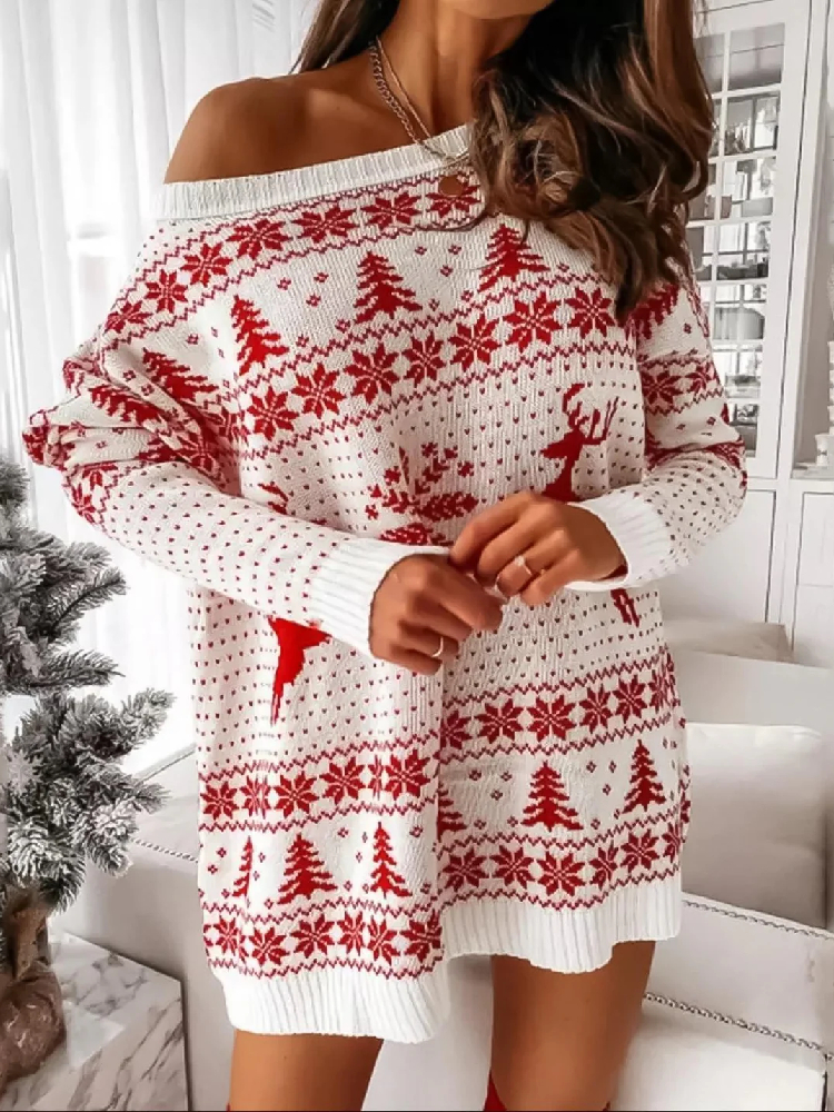 Robe Pull de Noël Blanche pour Femme