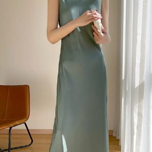 Robe Vert Sauge Longue Sans Manches