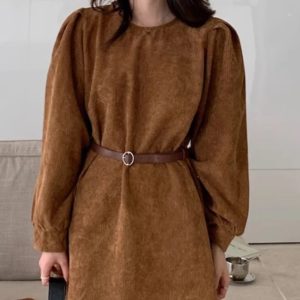 Robe Camel en Velours Côtelé à Manches Bouffantes