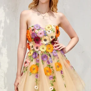 Robe Bustier Champagne à Fleurs Champêtres