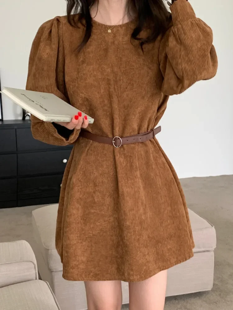 Robe Camel en Velours Côtelé à Manches Bouffantes