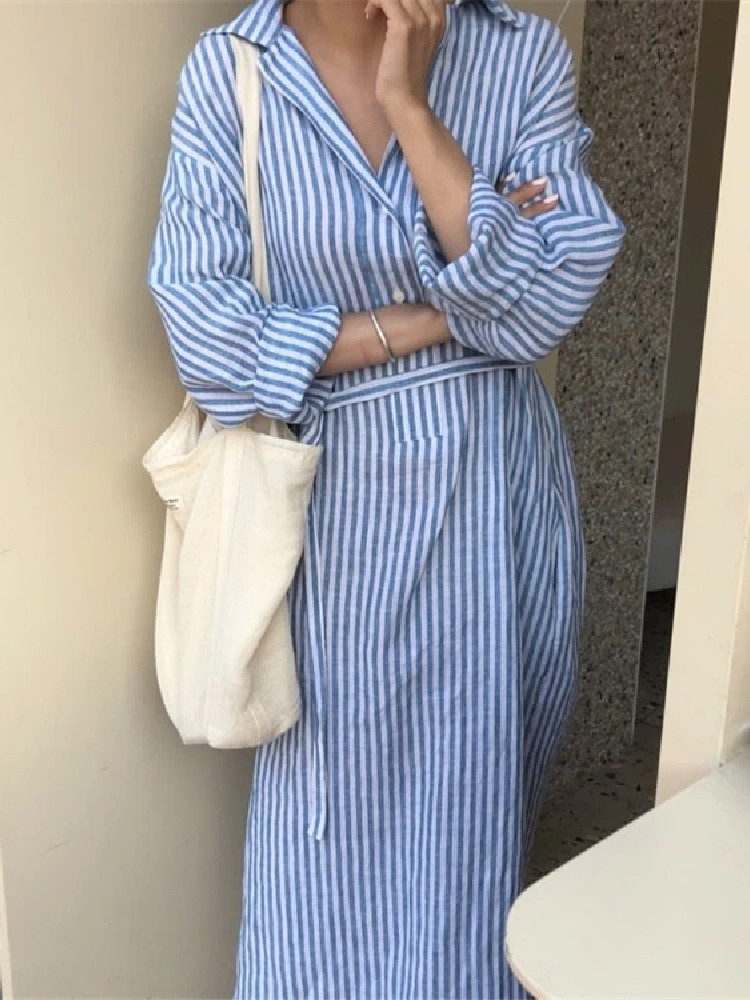 Robe Chemise Bleue à Rayures