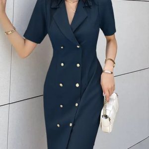 Robe Droite Bleu Marine Double Boutonnage