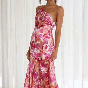 Robe Fleurie en Soie Col Asymétrique