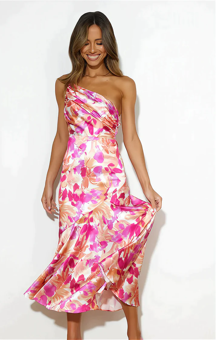 Robe Fleurie en Soie Col Asymétrique