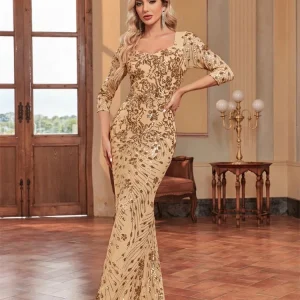 Robe Sirène Champagne avec Manches Trois-Quarts