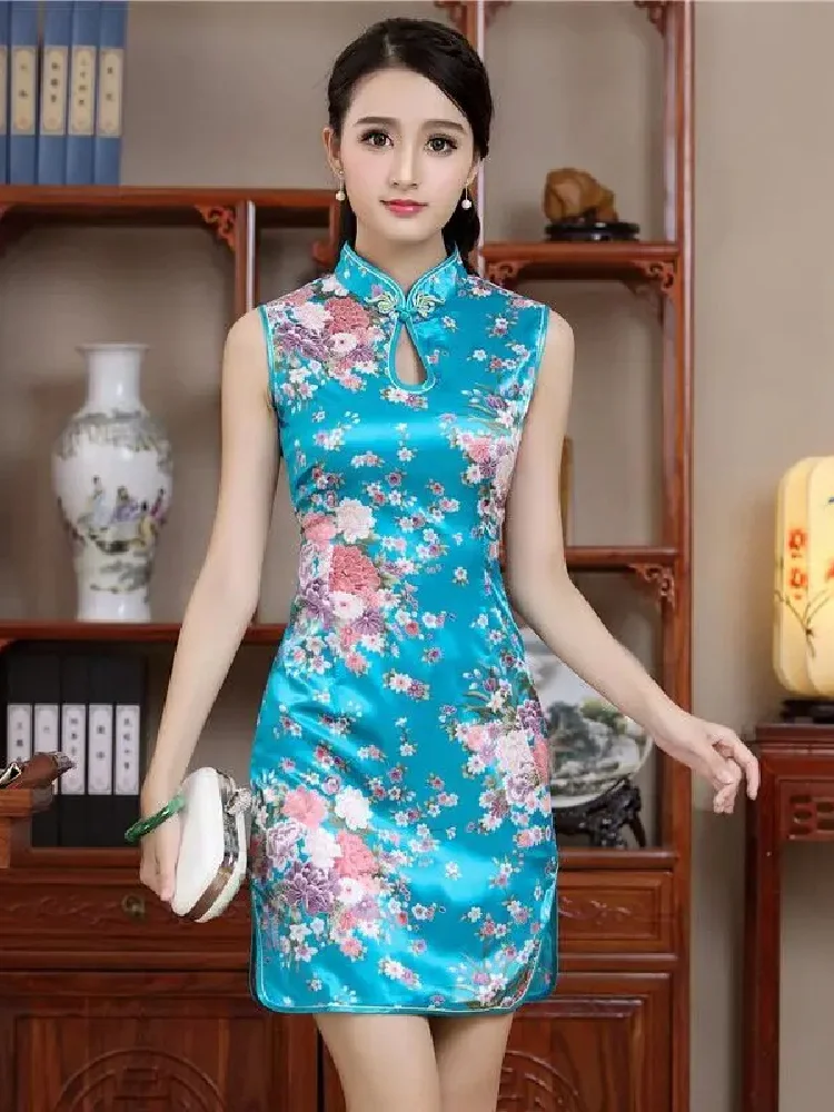 Robe Turquoise en Satin Style Chinois