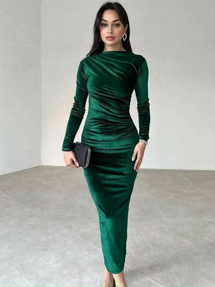 Robe en Velours Verte à Manches Longues